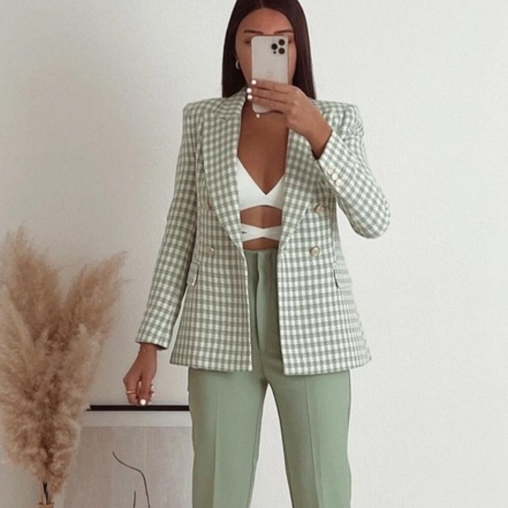 Zara Houndstooth Blazer Jacket M Sea Green White Double Breasted